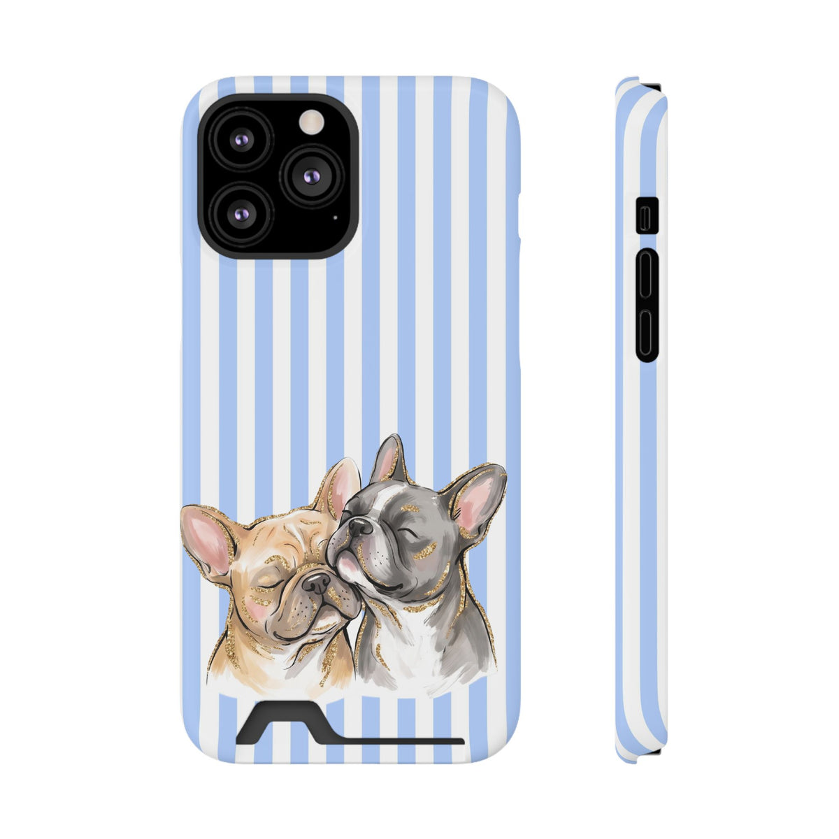 Frenchie Stripe phone case with card holder for iPhone 13 Pro Max, glossy finish