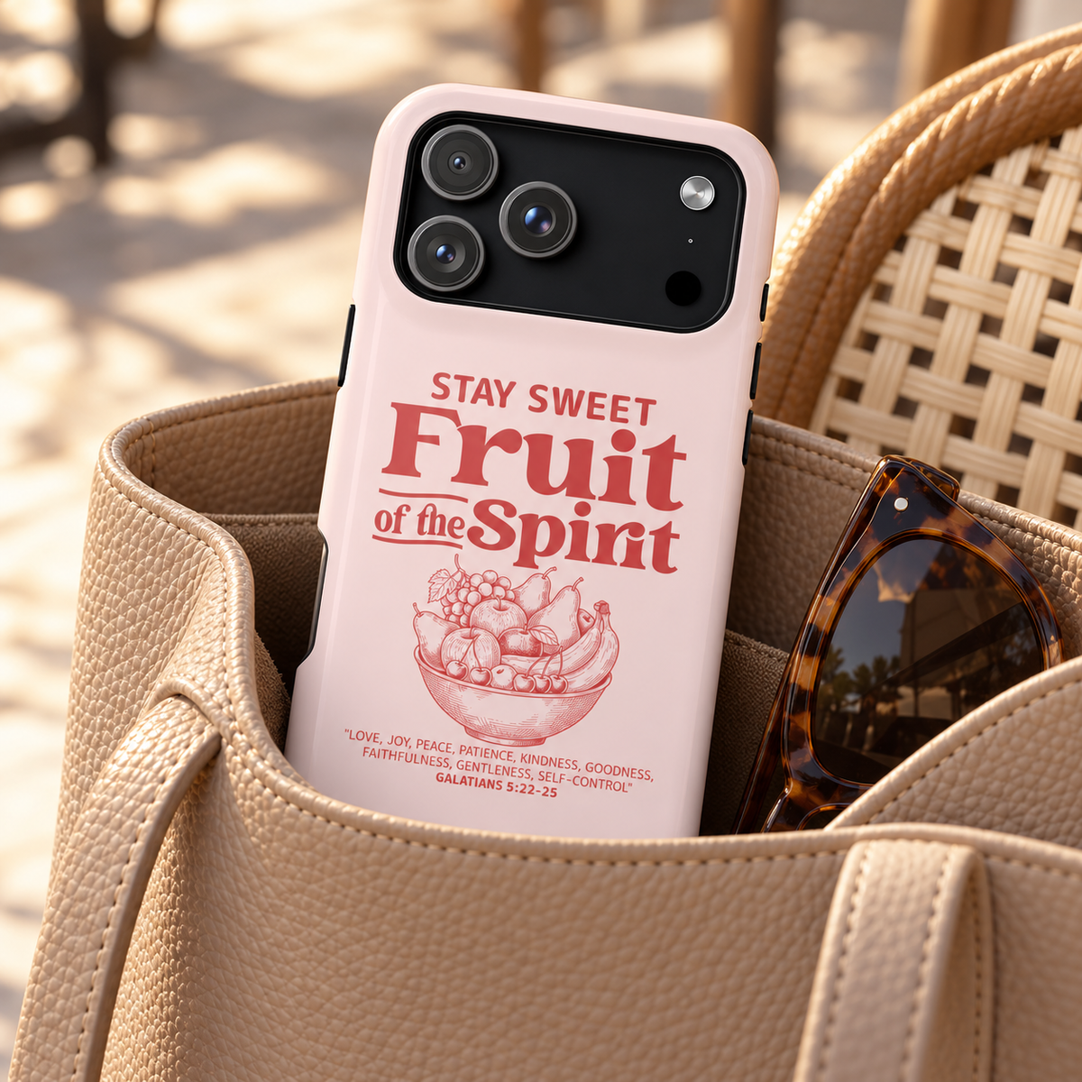 Fruit of the Spirit protective phone case, Stay Sweet Fruit of the Spirit lettering on blush, lifestyle photo in a handbag