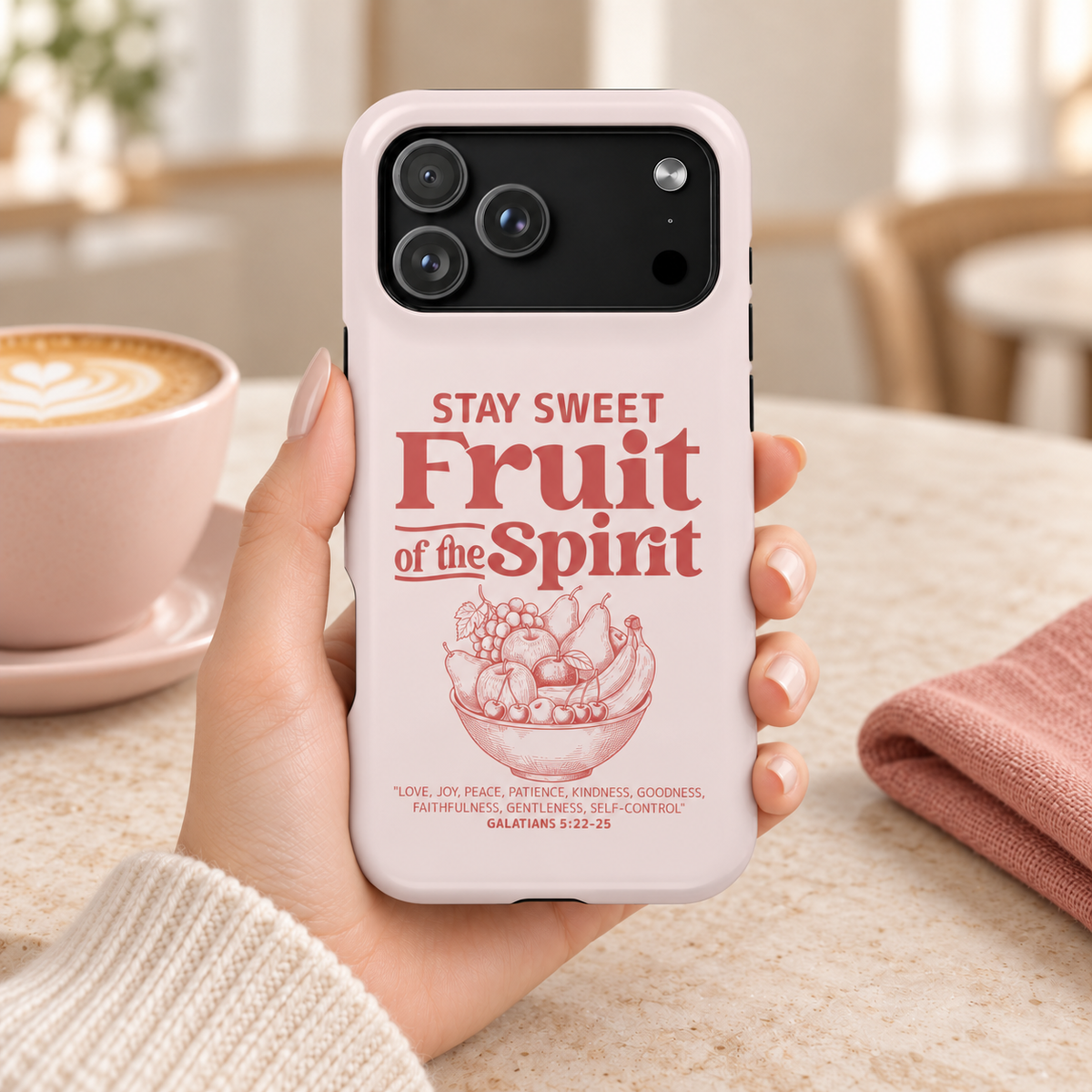 Fruit of the Spirit protective phone case, Stay Sweet Fruit of the Spirit lettering on blush, lifestyle photo in hand with coffee