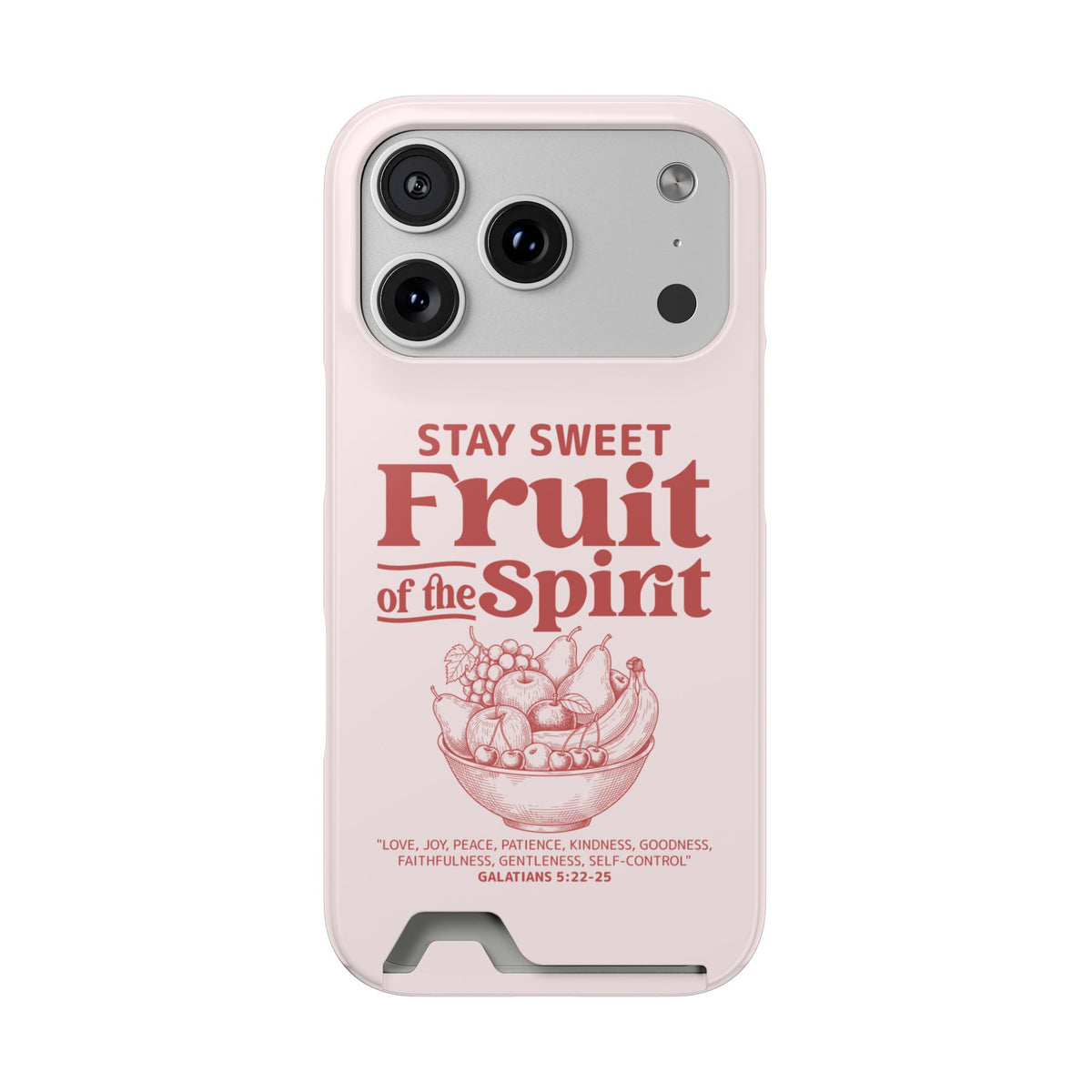 Fruit of the Spirit phone case with card holder for iPhone 17 Pro, glossy finish