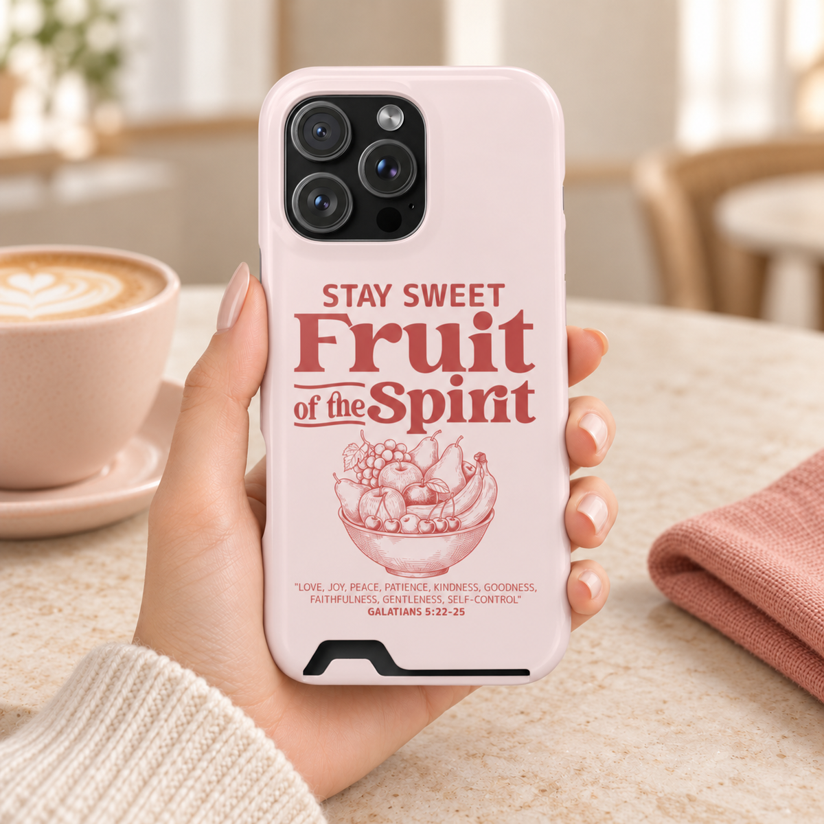 Fruit of the Spirit phone case with card holder, Stay Sweet Fruit of the Spirit lettering on blush, lifestyle photo in hand with coffee