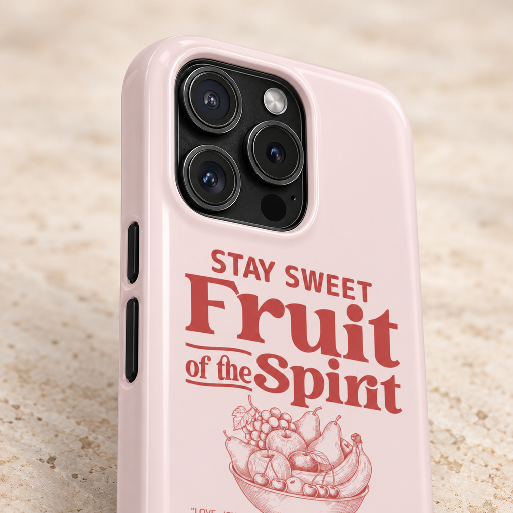 Fruit of the Spirit phone case with card holder, Stay Sweet Fruit of the Spirit lettering on blush, lifestyle close-up of the camera