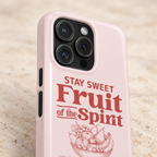 Fruit of the Spirit phone case with card holder, Stay Sweet Fruit of the Spirit lettering on blush, lifestyle close-up of the camera