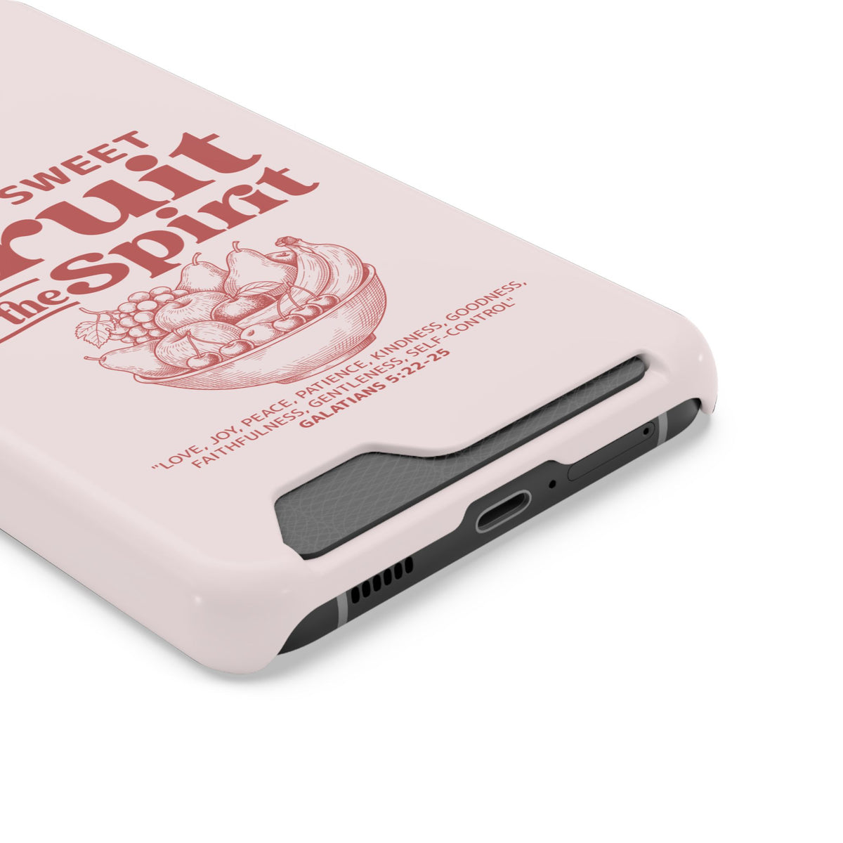 Fruit of the Spirit phone case with card holder, close-up of the card slot