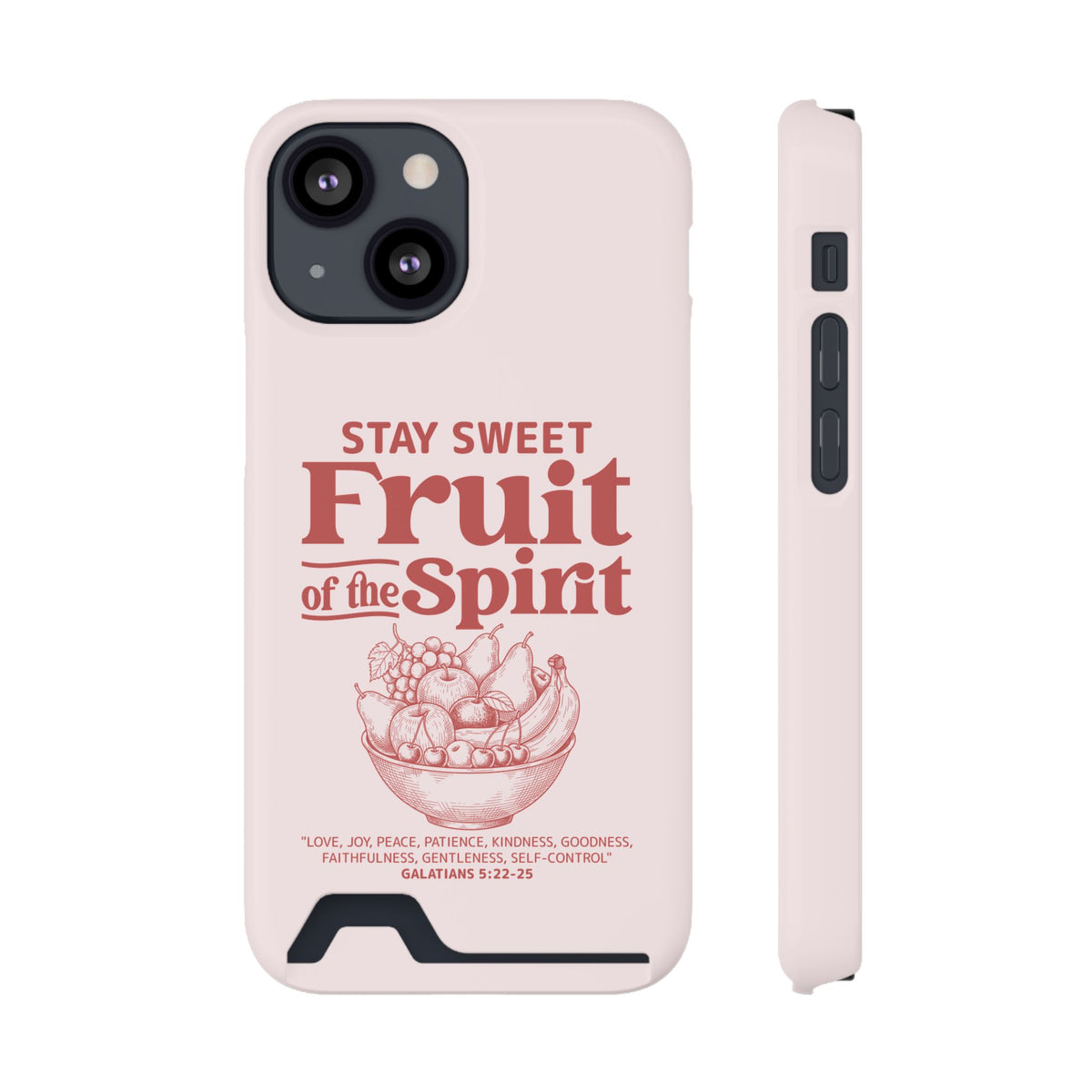 Fruit of the Spirit phone case with card holder for iPhone 13 Mini, glossy finish
