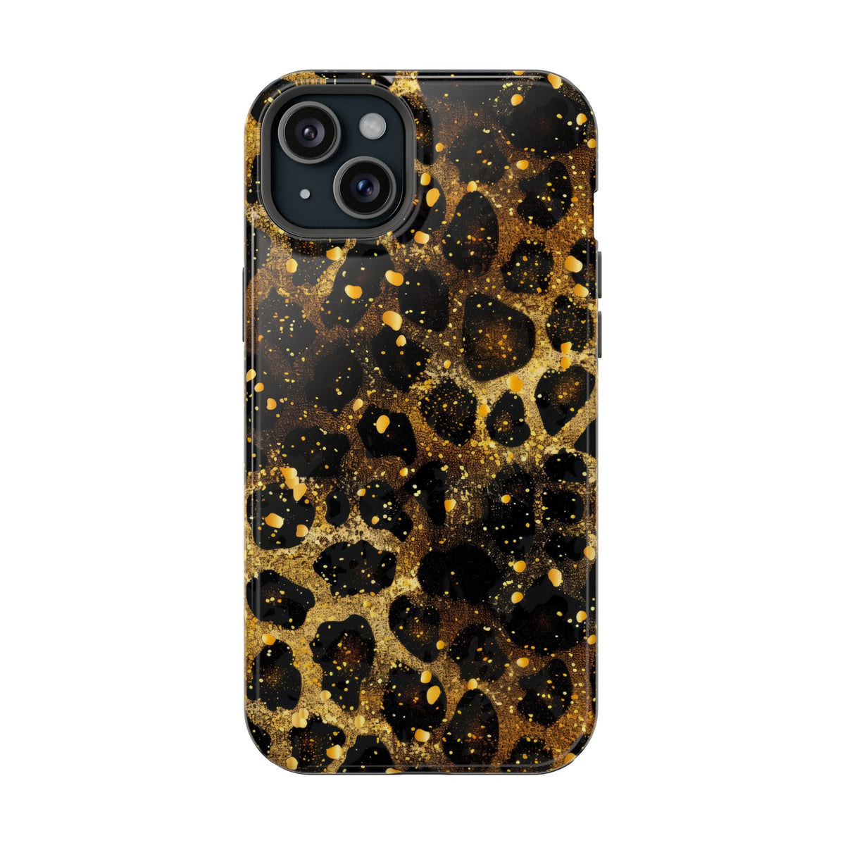 Gilded Leopard protective phone case for iPhone 15 Plus, glossy finish