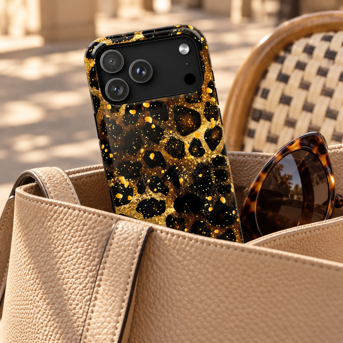 Gilded Leopard MagSafe case, gold glitter leopard spots on black, lifestyle photo in a handbag