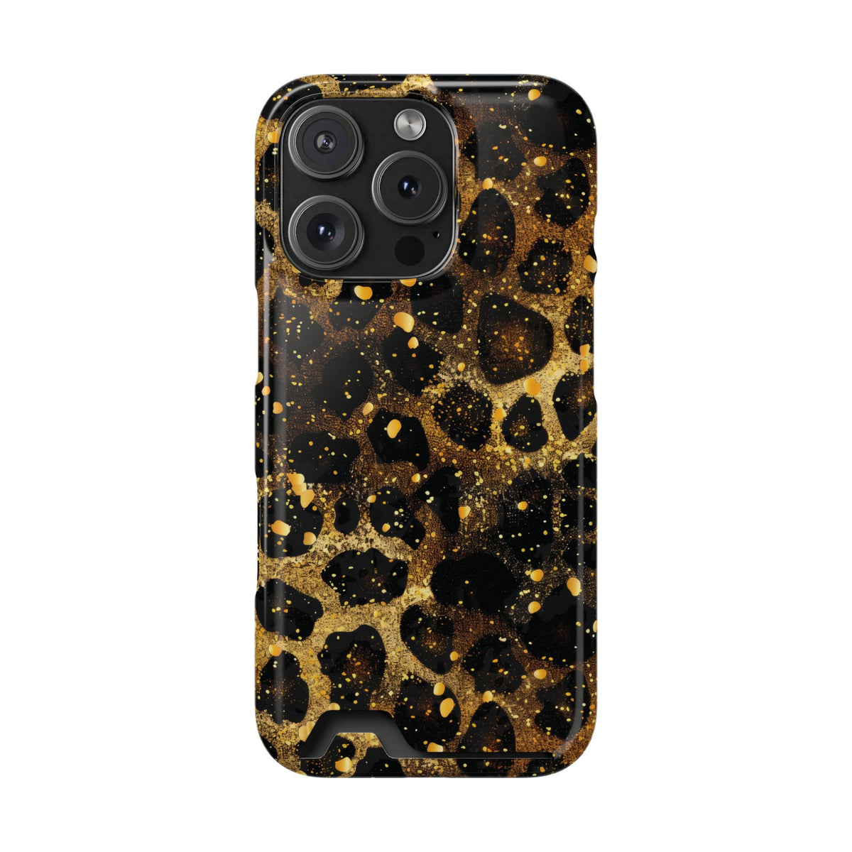 Gilded Leopard phone case with card holder for iPhone 16 Pro, glossy finish