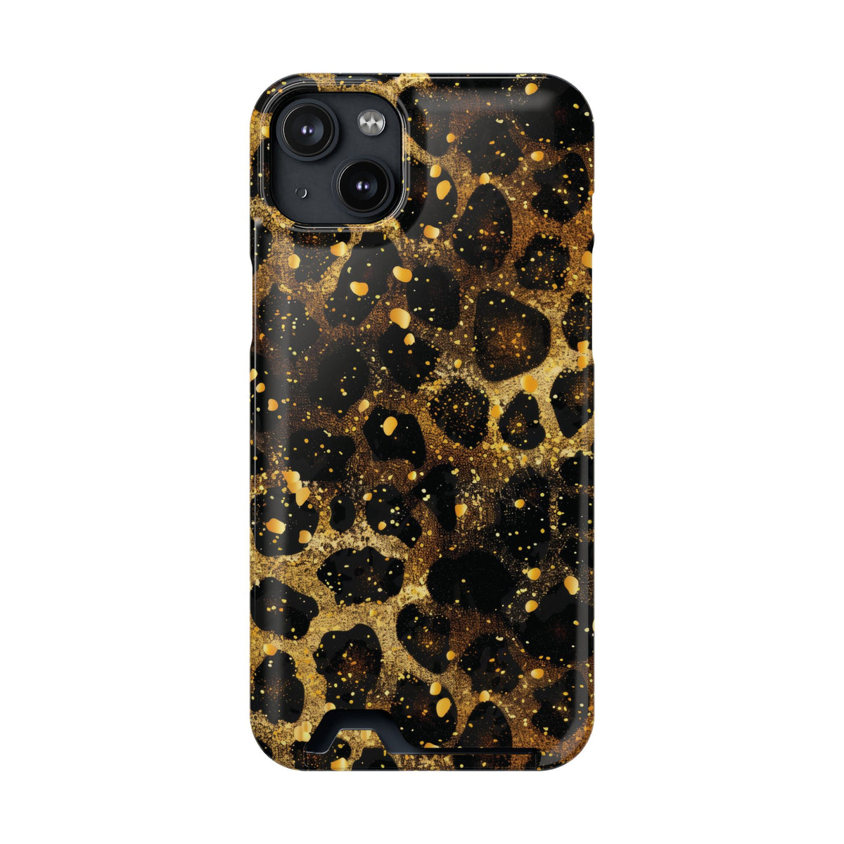 Gilded Leopard phone case with card holder for iPhone 14 Plus, glossy finish
