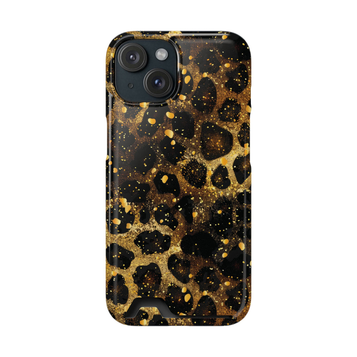 Gilded Leopard phone case with card holder for iPhone 15, glossy finish