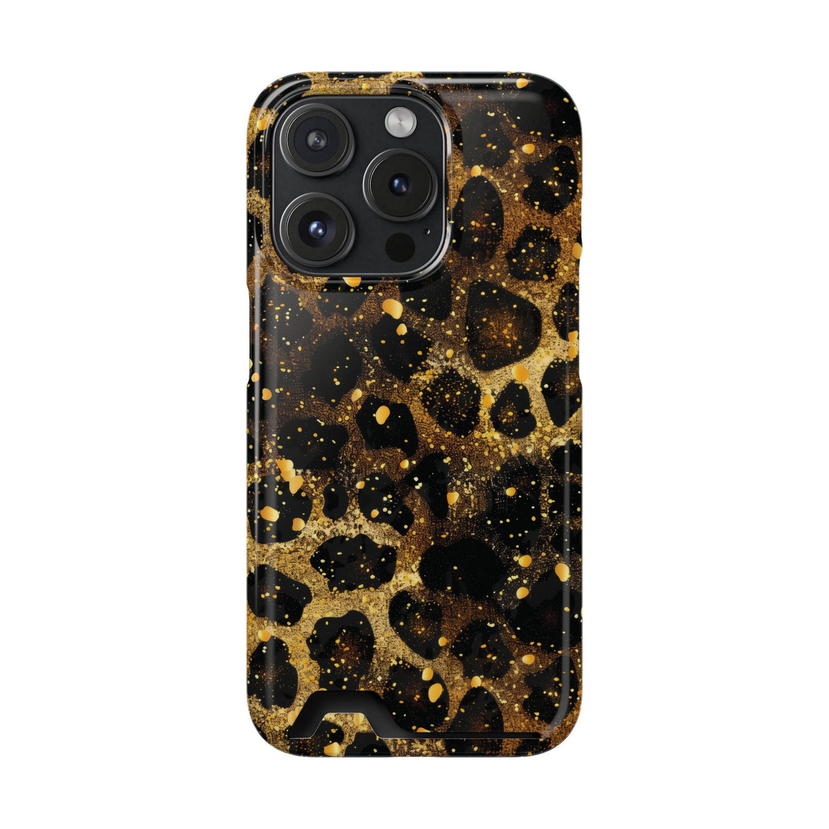 Gilded Leopard phone case with card holder for iPhone 15 Pro, glossy finish