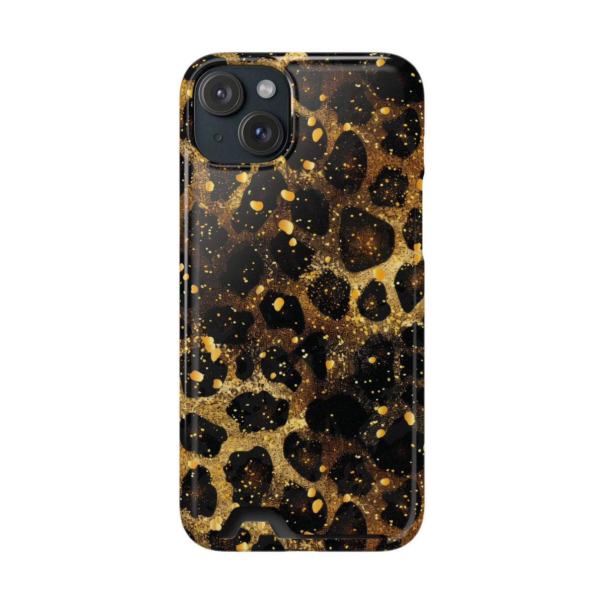 Gilded Leopard phone case with card holder for iPhone 15 Plus, glossy finish
