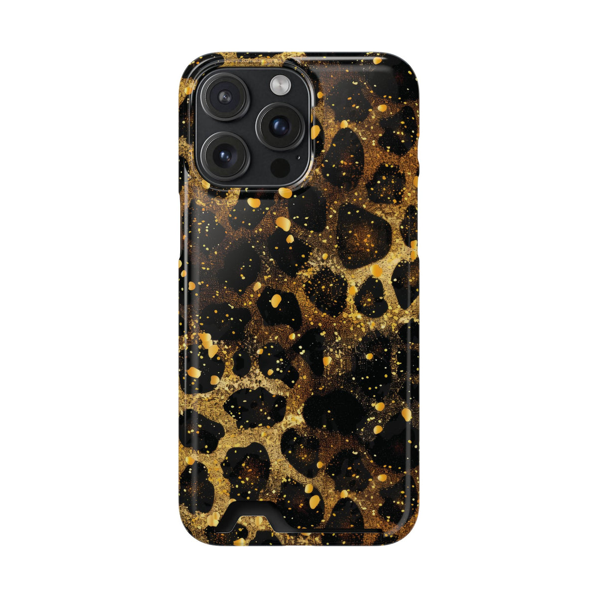 Gilded Leopard phone case with card holder for iPhone 15 Pro Max, glossy finish