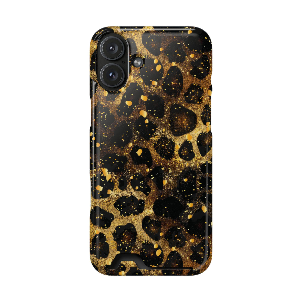 Gilded Leopard phone case with card holder for iPhone 16 Plus, glossy finish