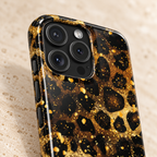 Gilded Leopard phone case with card holder, gold glitter leopard spots on black, lifestyle close-up of the camera