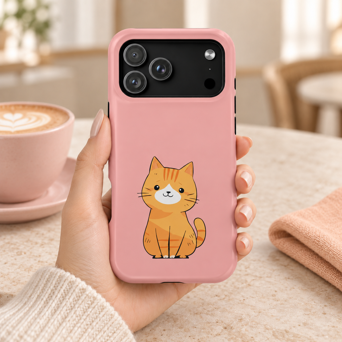 Ginger Kitten MagSafe case, a ginger kitten on blush pink, lifestyle photo in hand with coffee