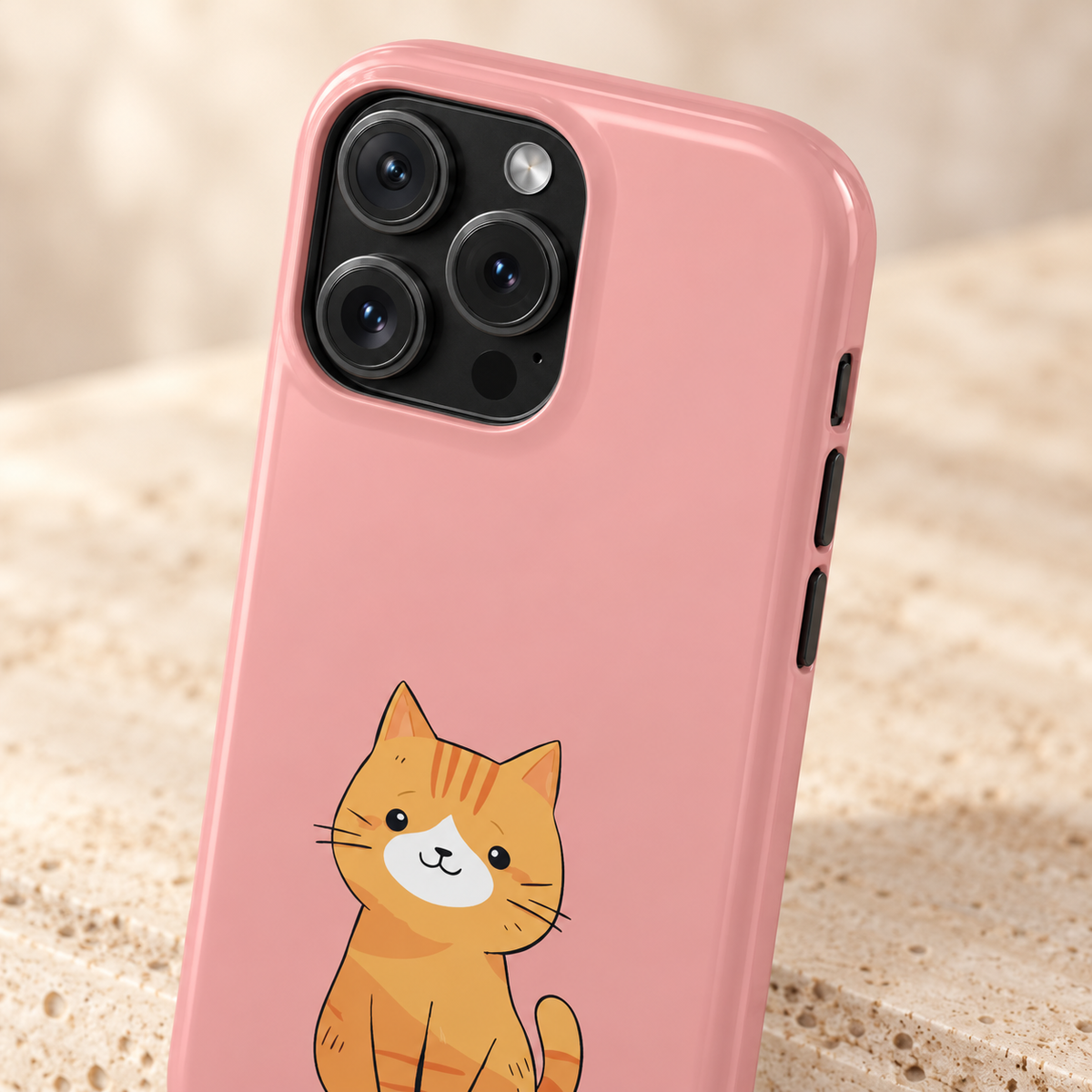 Ginger Kitten MagSafe case, a ginger kitten on blush pink, lifestyle close-up of the camera