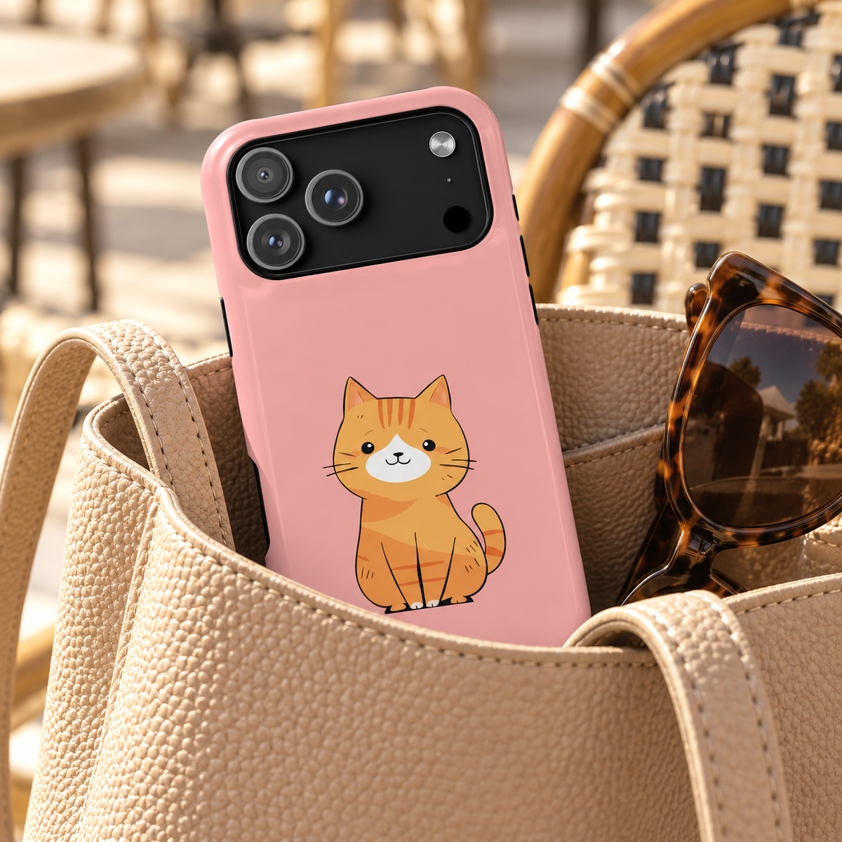 Ginger Kitten phone case with card holder, a ginger kitten on blush pink, lifestyle photo in a handbag