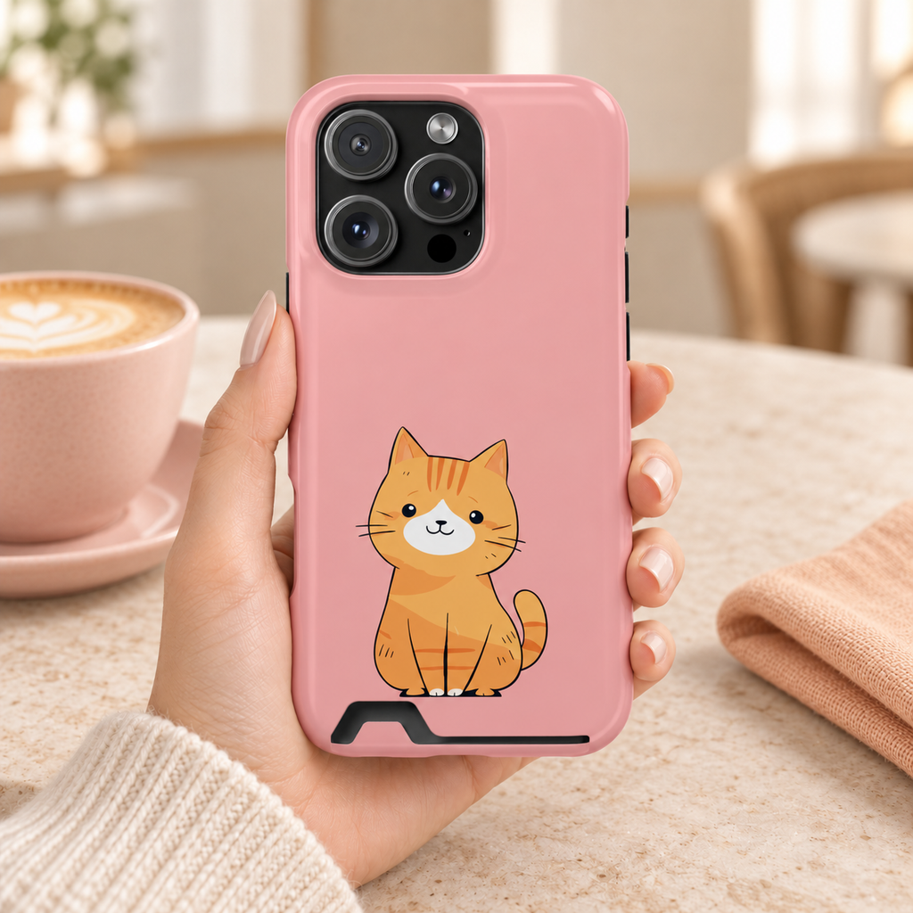 Ginger Kitten phone case with card holder, a ginger kitten on blush pink, lifestyle photo in hand with coffee