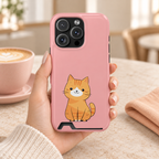 Ginger Kitten phone case with card holder, a ginger kitten on blush pink, lifestyle photo in hand with coffee