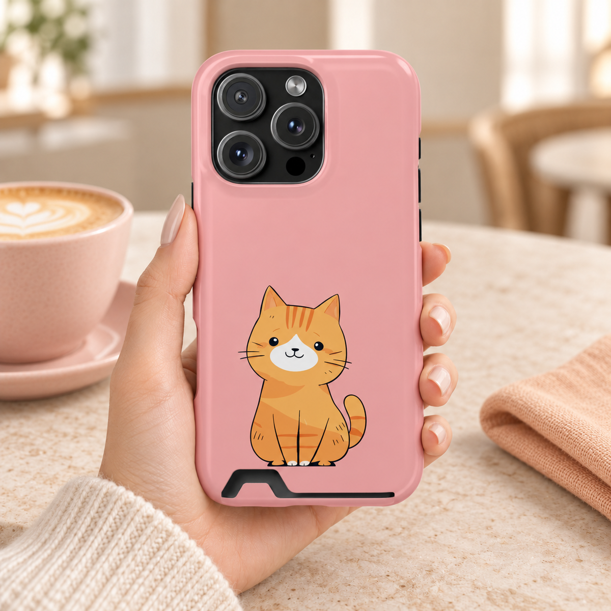 Ginger Kitten phone case with card holder, a ginger kitten on blush pink, lifestyle photo in hand with coffee