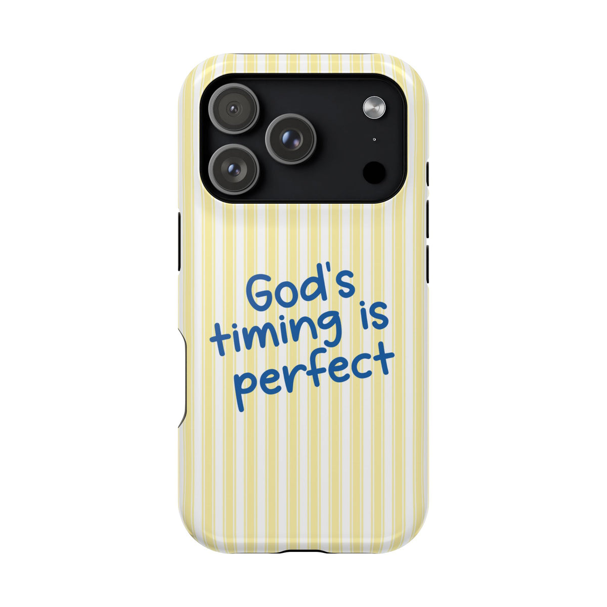 God's Timing protective phone case for iPhone 17 Pro, glossy finish