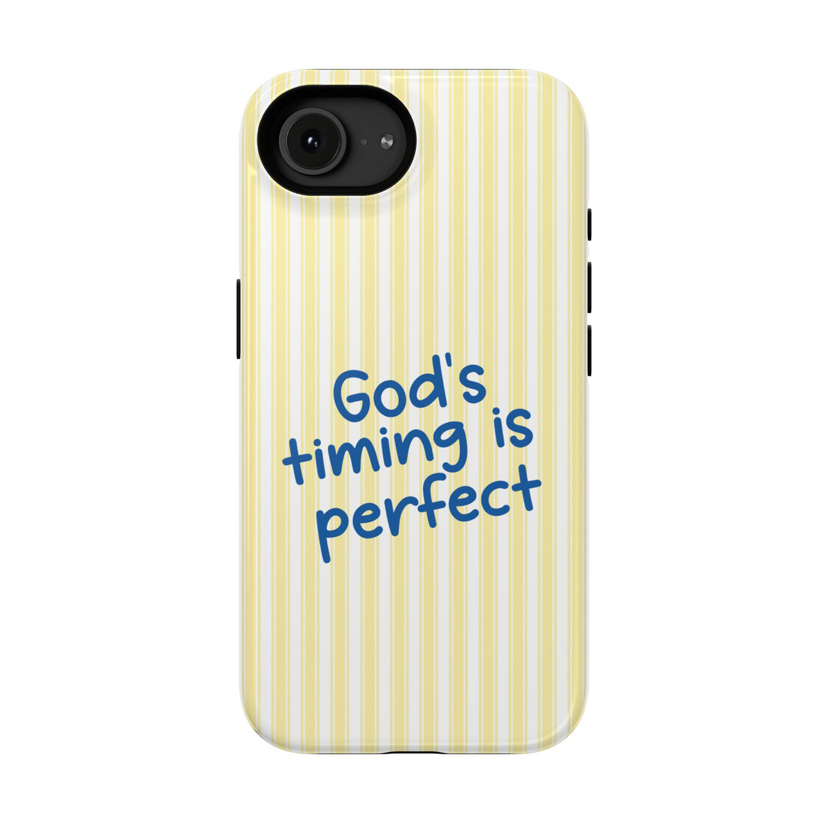God's Timing protective phone case for iPhone 16e, glossy finish