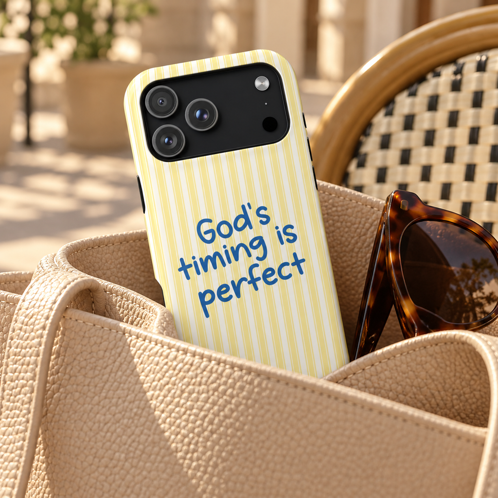 God's Timing protective phone case, God's timing is perfect on soft yellow stripes, lifestyle photo in a handbag