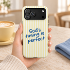 God's Timing protective phone case, God's timing is perfect on soft yellow stripes, lifestyle photo in hand with coffee