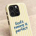 God's Timing protective phone case, God's timing is perfect on soft yellow stripes, lifestyle close-up of the camera