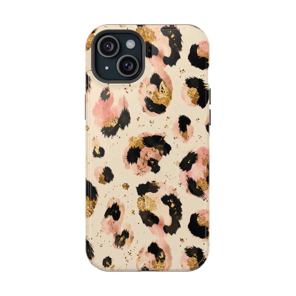 Golden Leopard protective phone case for iPhone 15 Plus, glossy finish