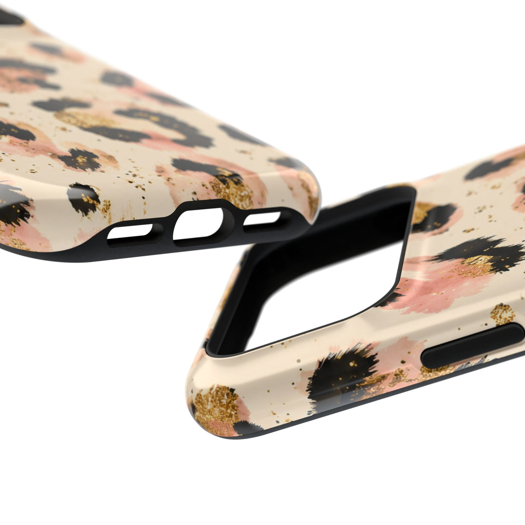 Golden Leopard protective phone case, close-up at an angle