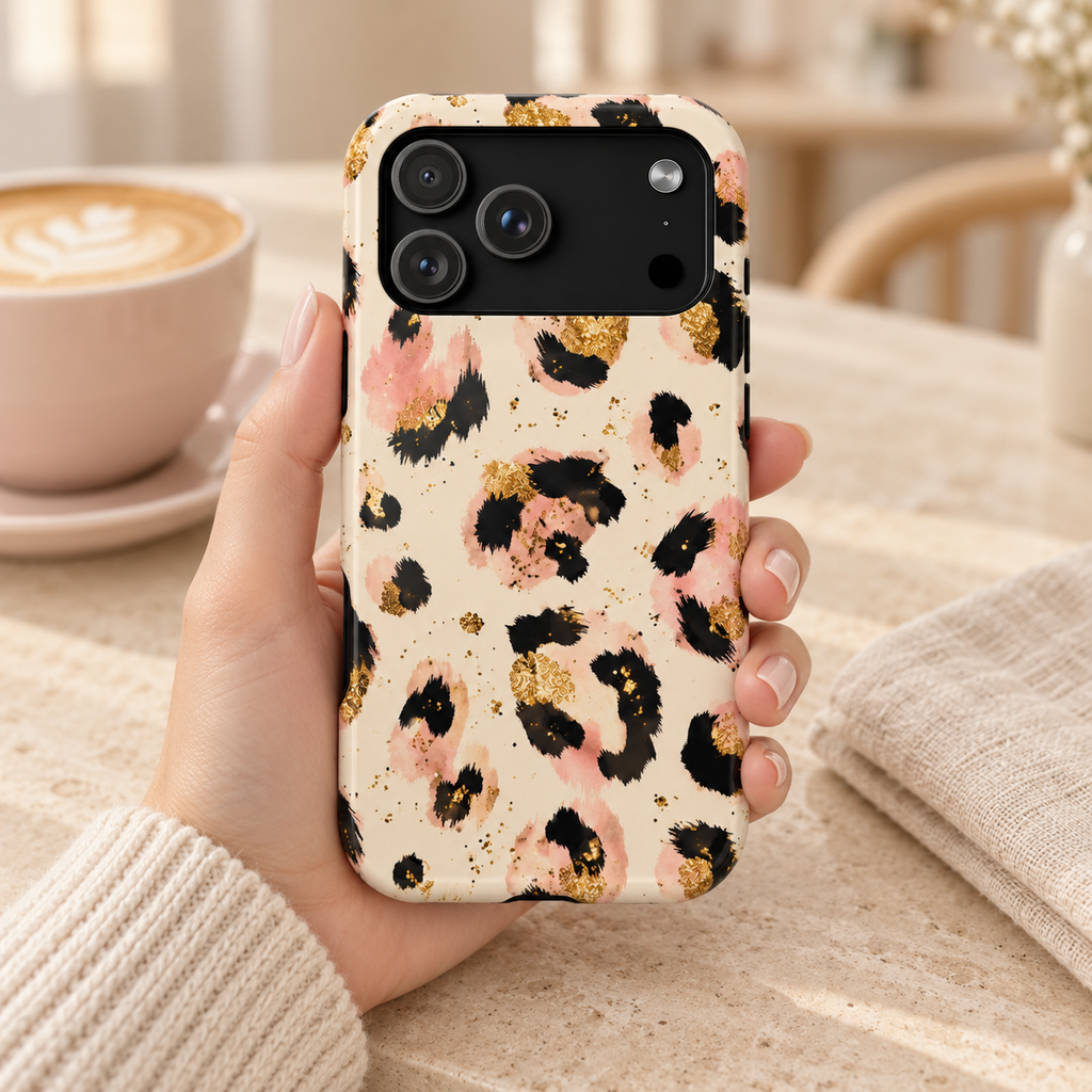 Golden Leopard MagSafe case, leopard spots with gold flecks on cream, lifestyle photo in hand with coffee