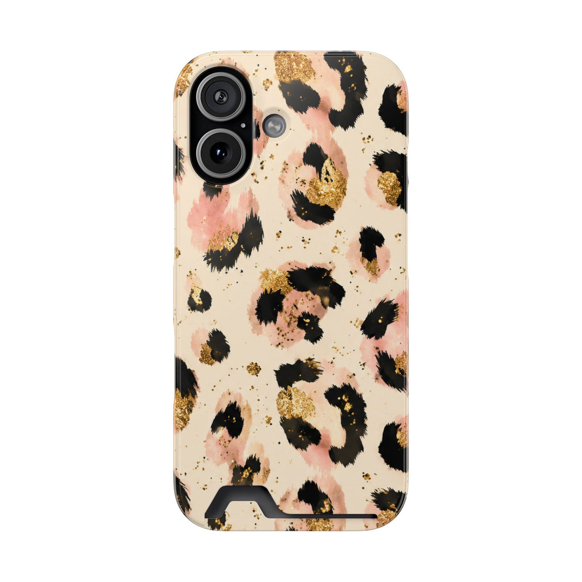 Golden Leopard phone case with card holder for iPhone 17, glossy finish