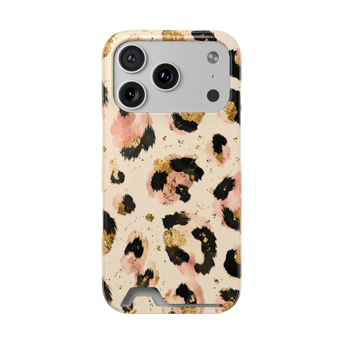 Golden Leopard phone case with card holder for iPhone 17 Pro, glossy finish