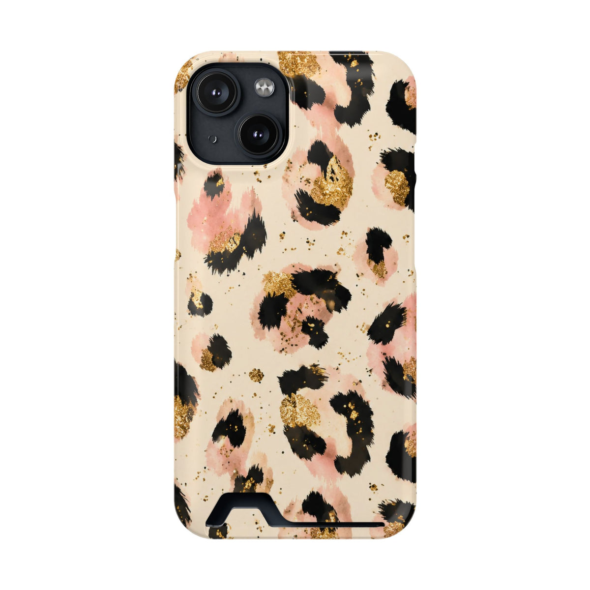 Golden Leopard phone case with card holder for iPhone 14, glossy finish