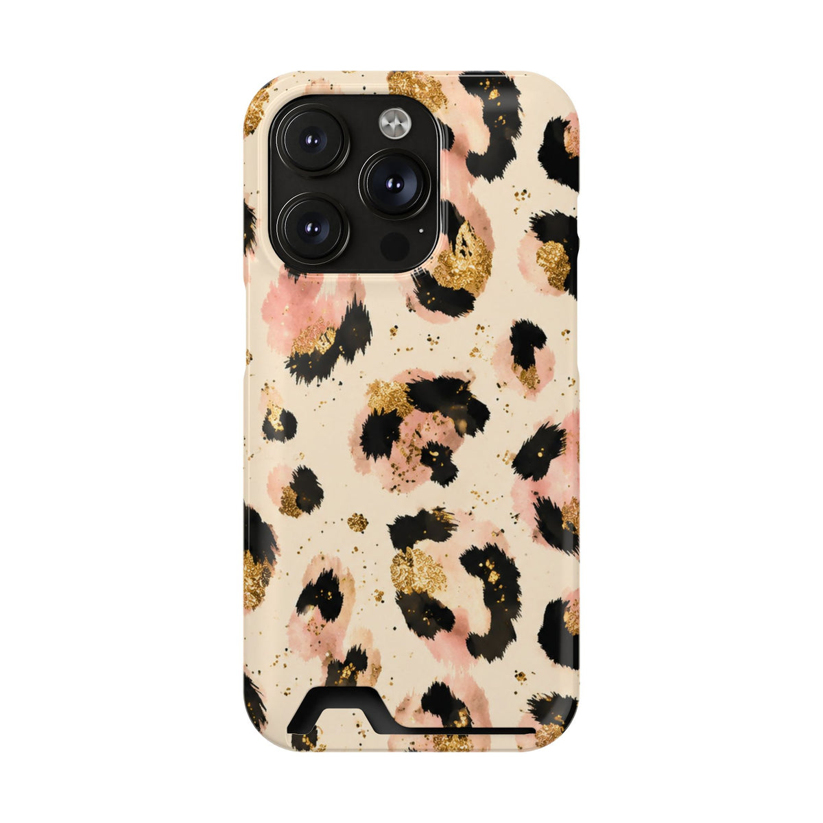Golden Leopard phone case with card holder for iPhone 14 Pro, glossy finish