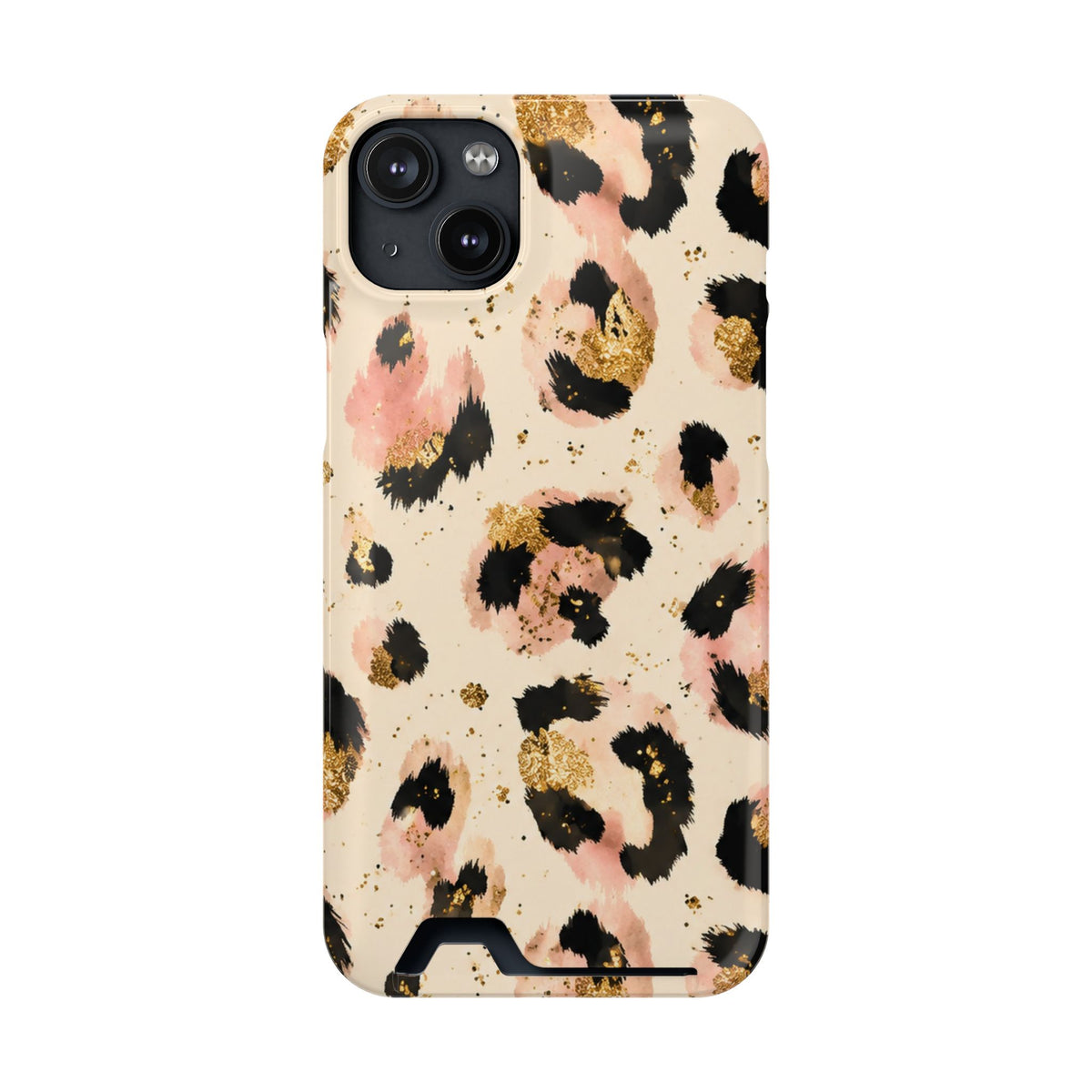 Golden Leopard phone case with card holder for iPhone 14 Plus, glossy finish