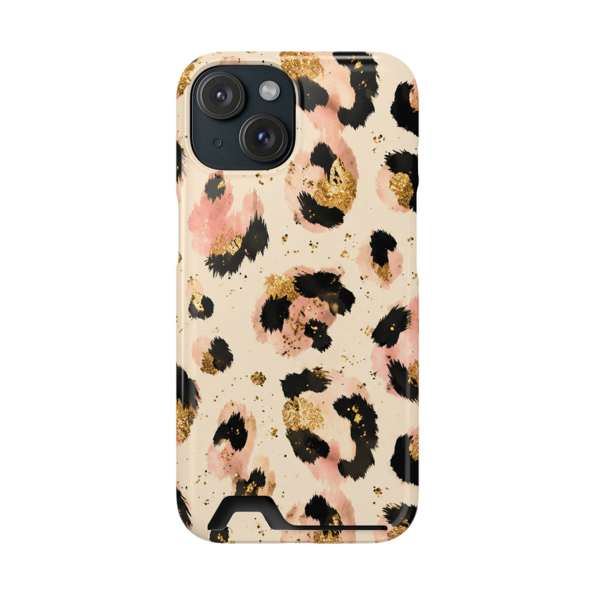 Golden Leopard phone case with card holder for iPhone 15, glossy finish