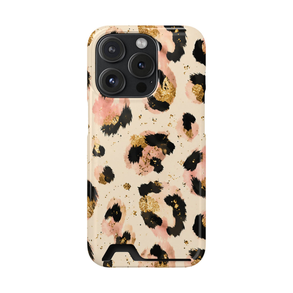 Golden Leopard phone case with card holder for iPhone 15 Pro, glossy finish