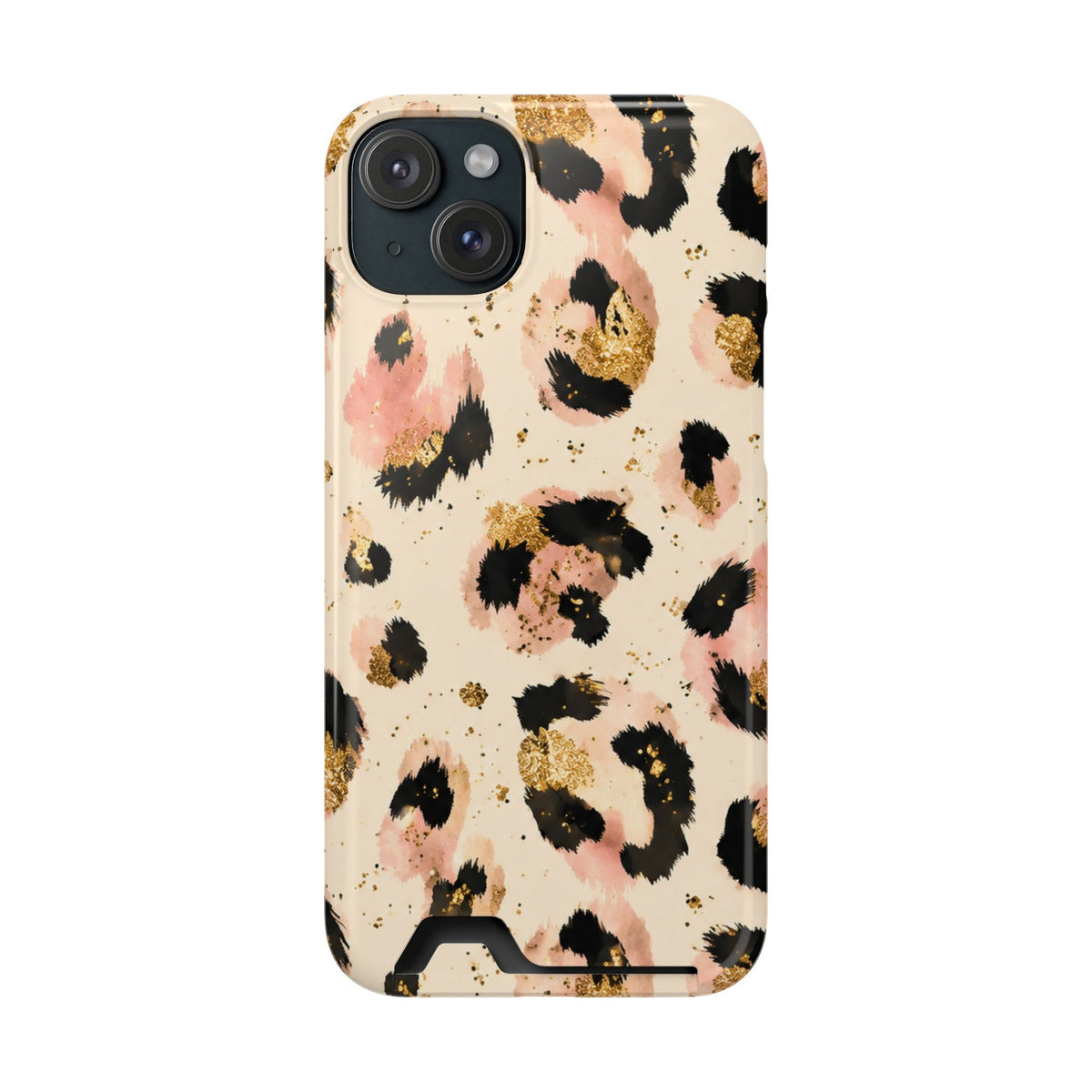 Golden Leopard phone case with card holder for iPhone 15 Plus, glossy finish
