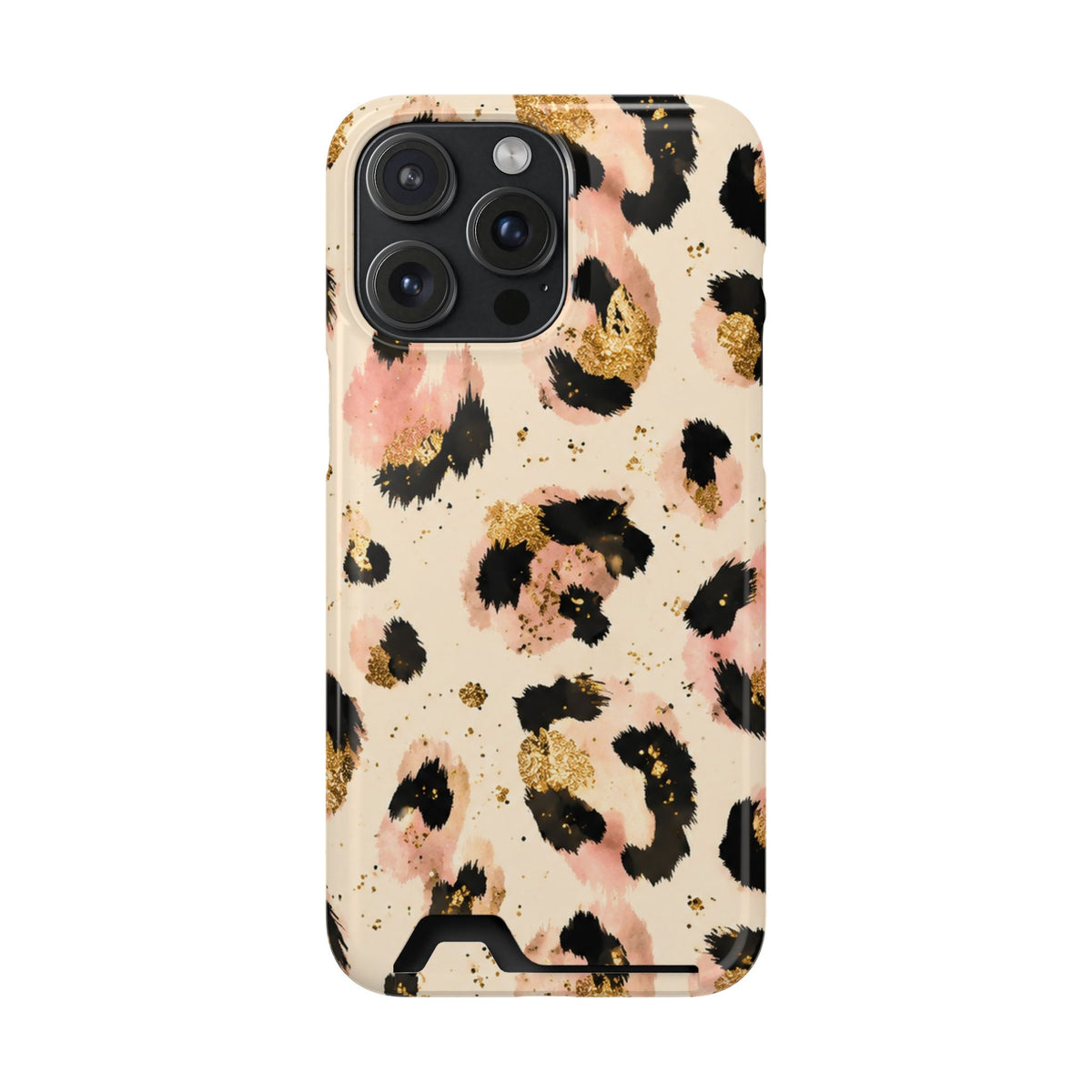 Golden Leopard phone case with card holder for iPhone 15 Pro Max, glossy finish