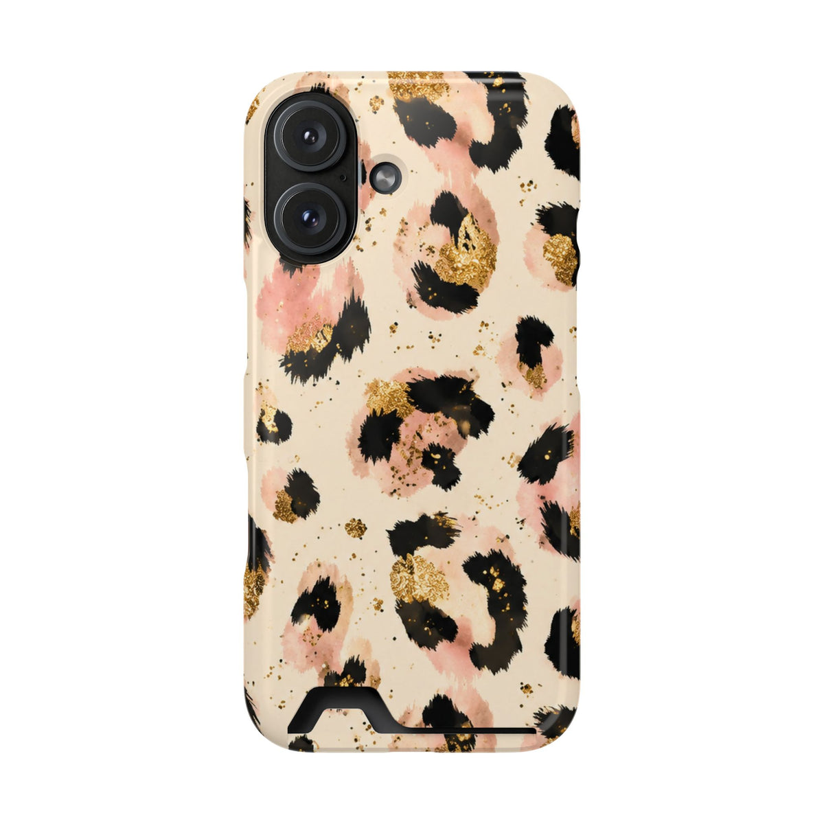 Golden Leopard phone case with card holder for iPhone 16, glossy finish