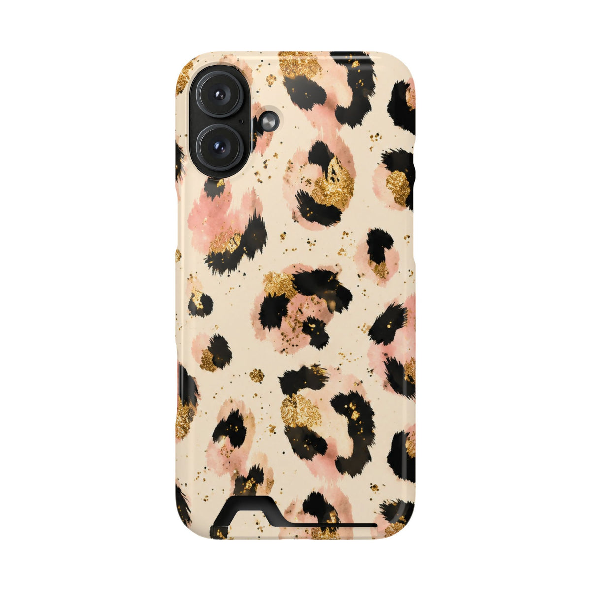 Golden Leopard phone case with card holder for iPhone 16 Plus, glossy finish