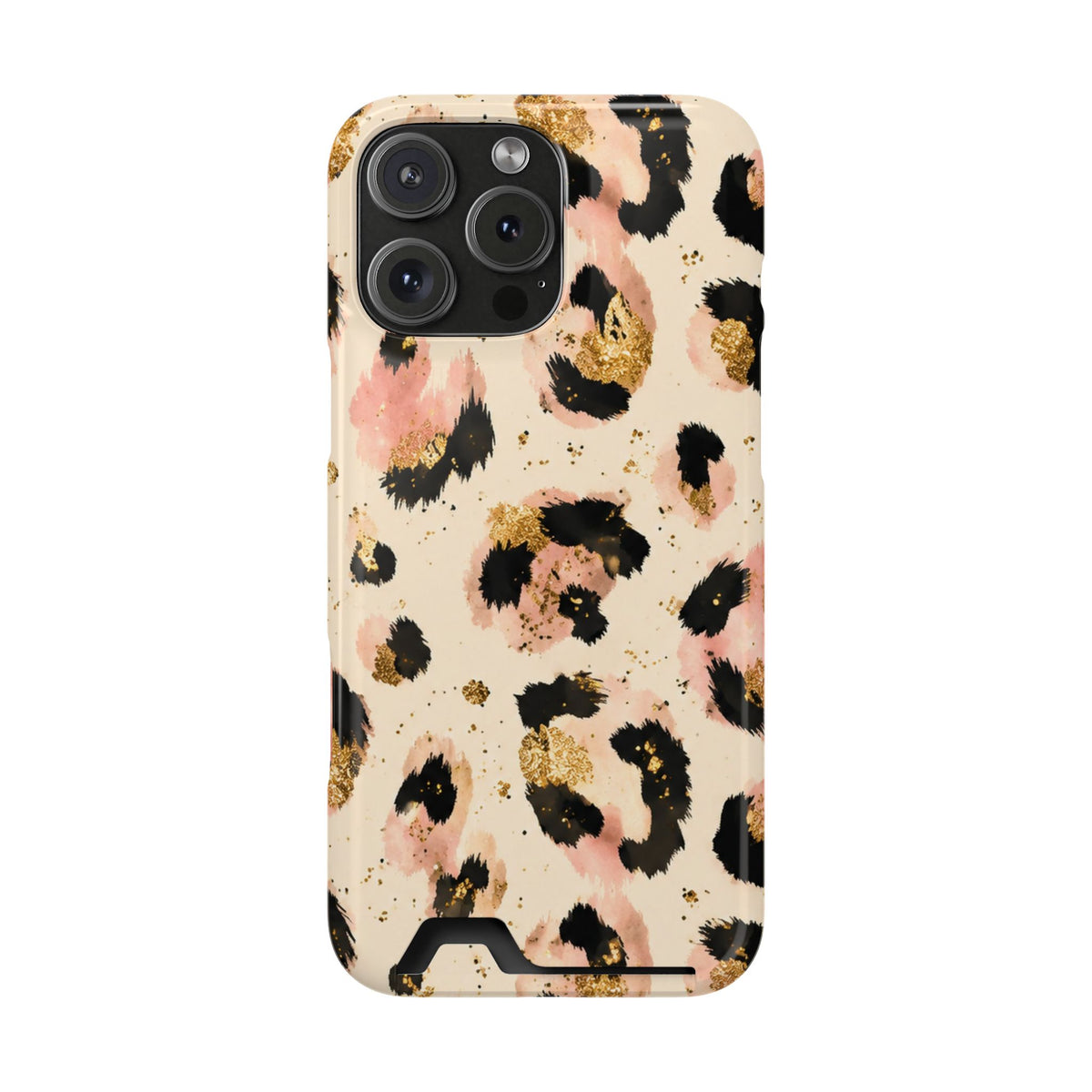 Golden Leopard phone case with card holder for iPhone 16 Pro Max, glossy finish