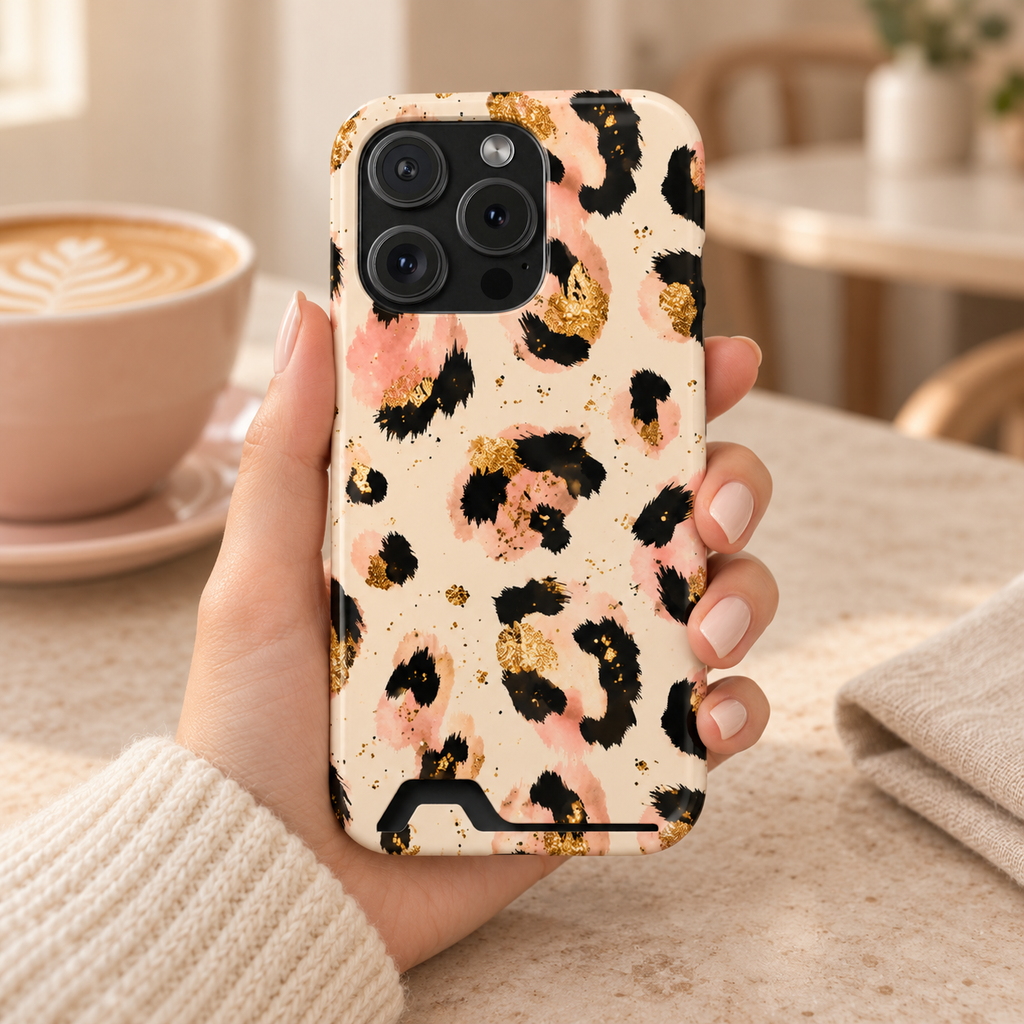 Golden Leopard phone case with card holder, leopard spots with gold flecks on cream, lifestyle photo in hand with coffee