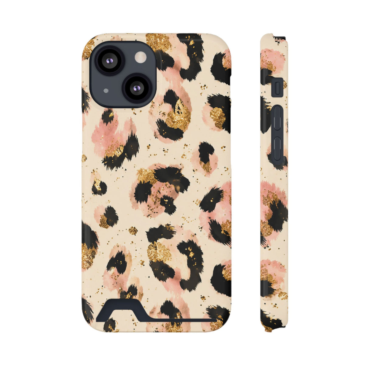 Golden Leopard phone case with card holder for iPhone 13 Mini, glossy finish