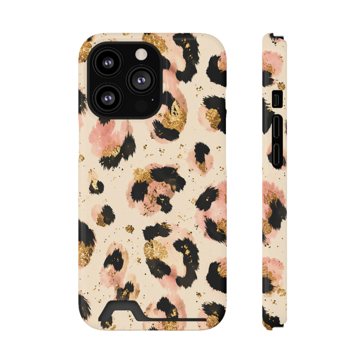 Golden Leopard phone case with card holder for iPhone 13 Pro, glossy finish