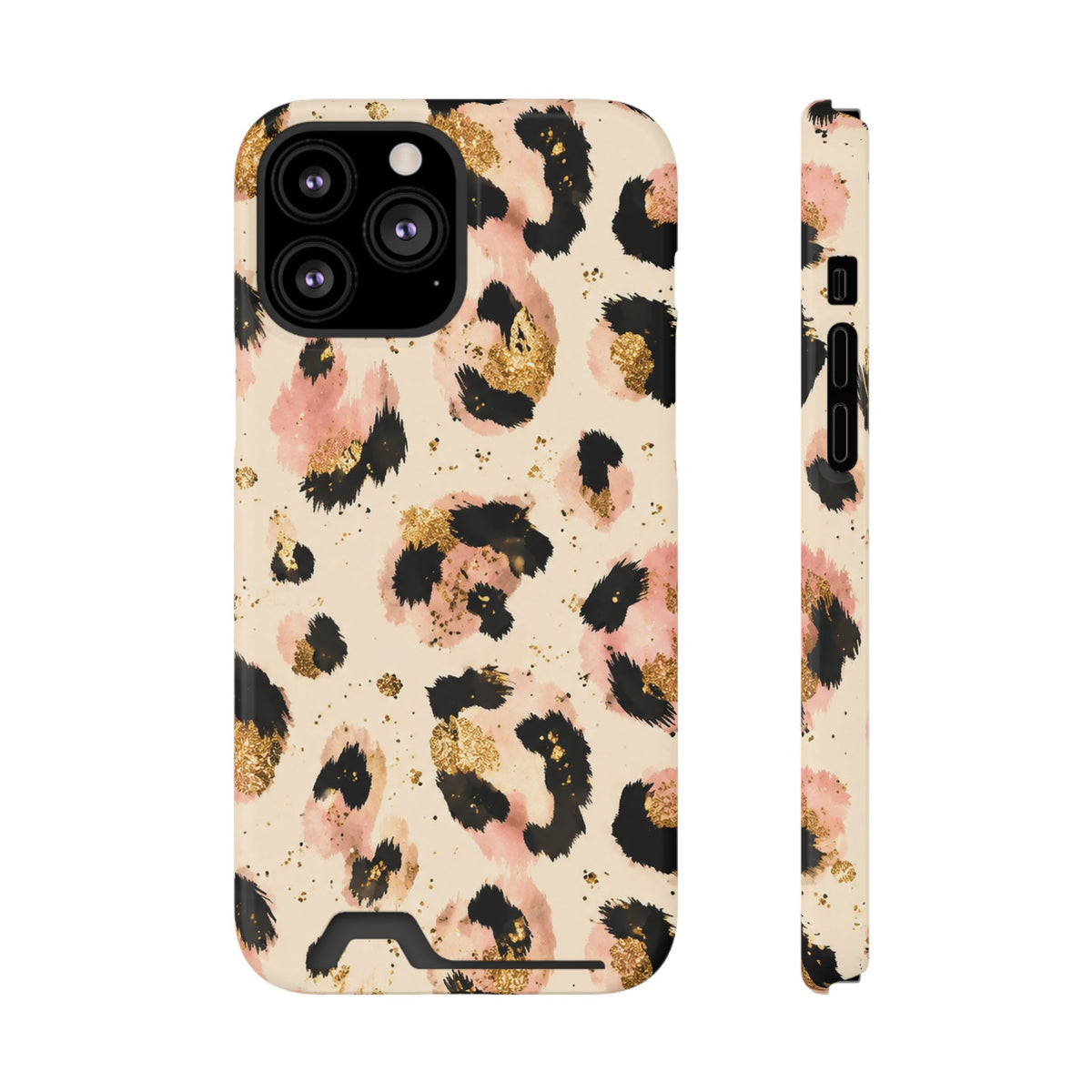 Golden Leopard phone case with card holder for iPhone 13 Pro Max, glossy finish