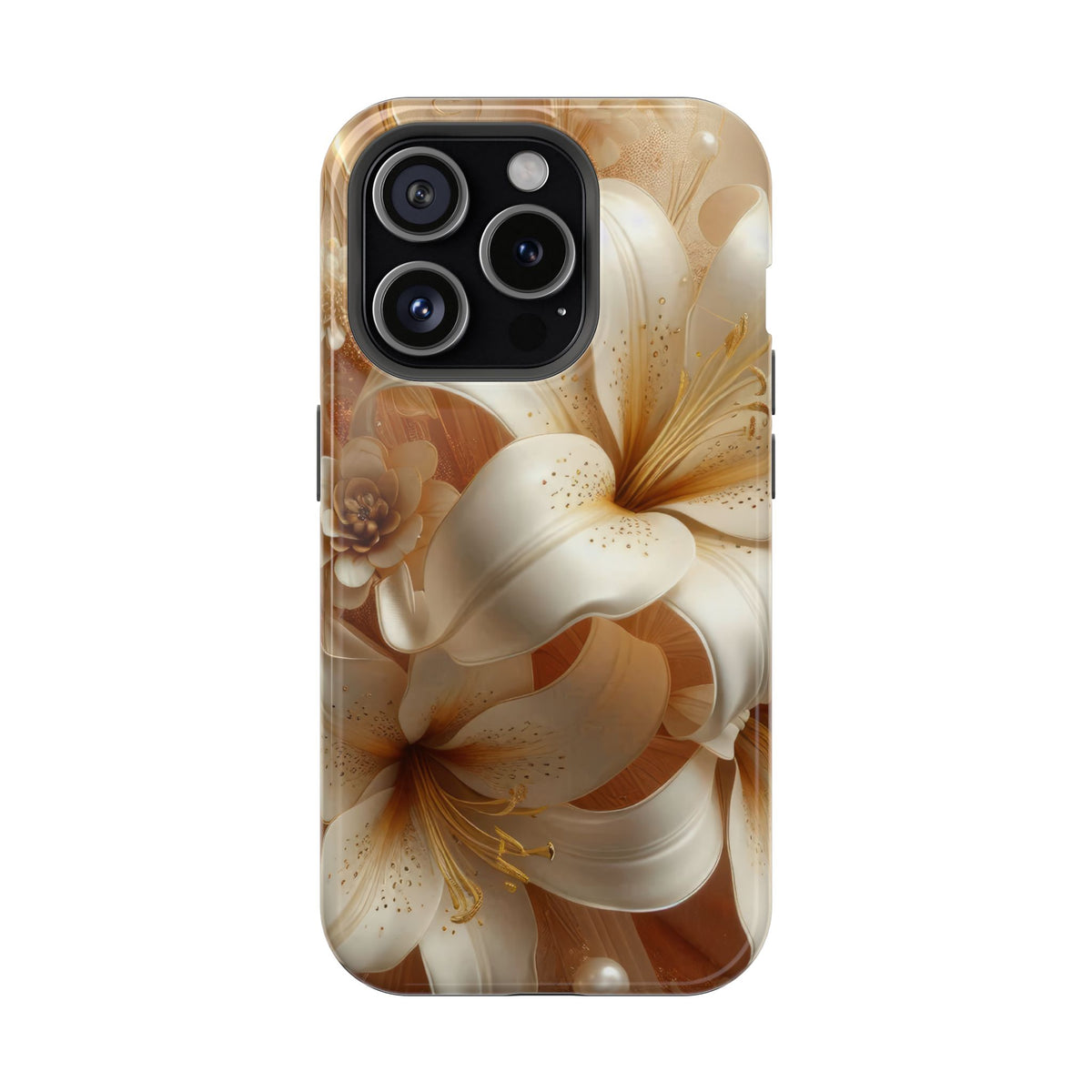 Golden Lily protective phone case for iPhone 15 Pro, glossy finish